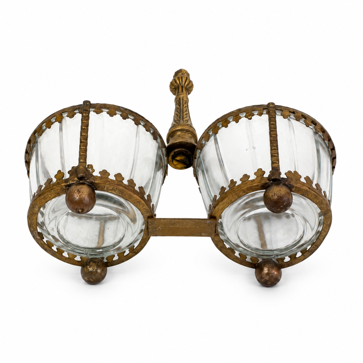 Antique Brass and Glass Double Salt Cellar with Spoons, c. 1900