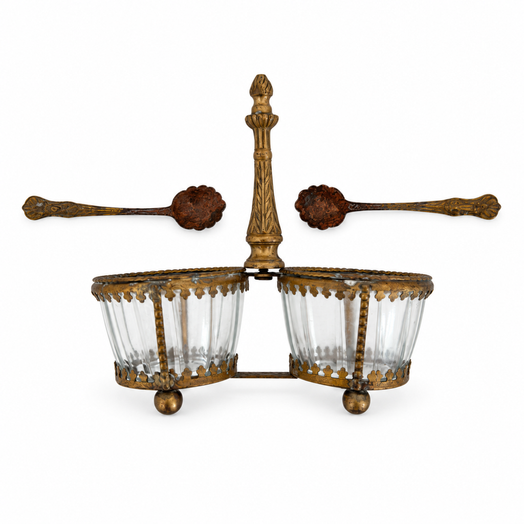 Antique Brass and Glass Double Salt Cellar with Spoons, c. 1900