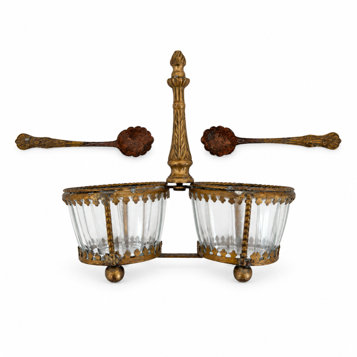 Antique Brass and Glass Double Salt Cellar with Spoons, c. 1900
