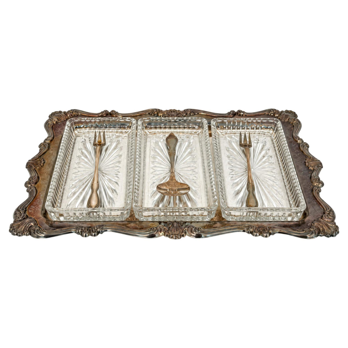 Vintage Silver-Plated Relish Tray with Three Glass Dishes, 1930s