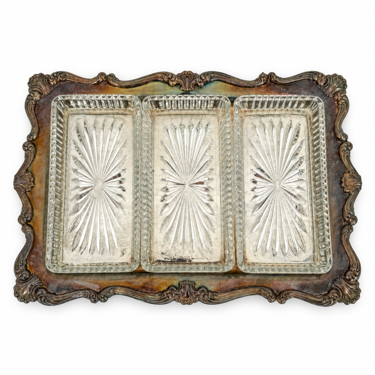 Vintage Silver-Plated Relish Tray with Three Glass Dishes, 1930s