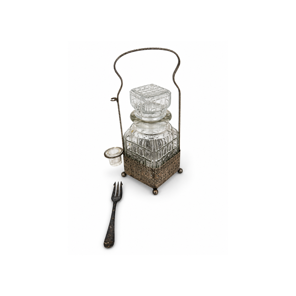 Antique Glass Pickle Castor with Silver-Plated Stand and Fork