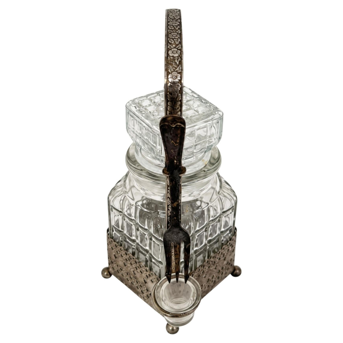 Antique Glass Pickle Castor with Silver-Plated Stand and Fork
