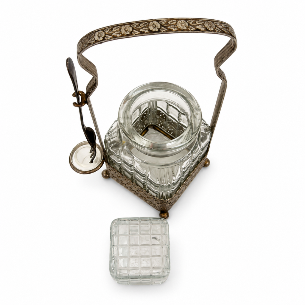 Antique Glass Pickle Castor with Silver-Plated Stand and Fork