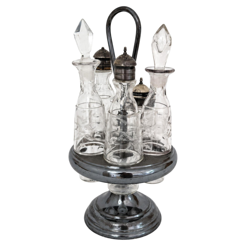 Victorian Five-Piece Cut Crystal Cruet Set with Silver-Plated Stand