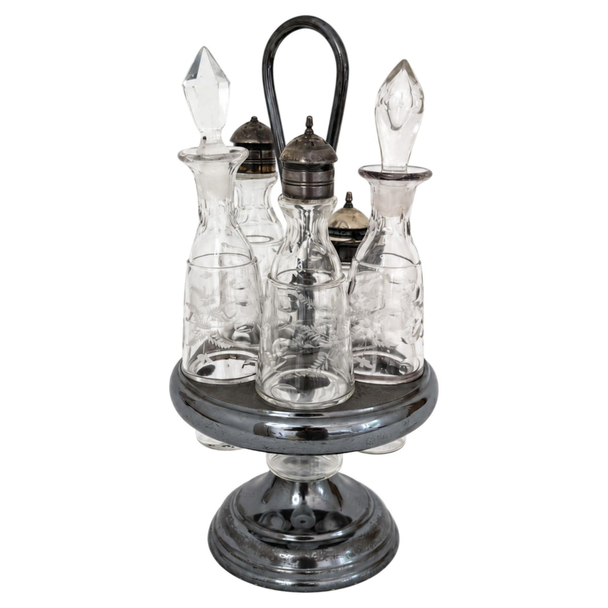 Victorian Five-Piece Cut Crystal Cruet Set with Silver-Plated Stand