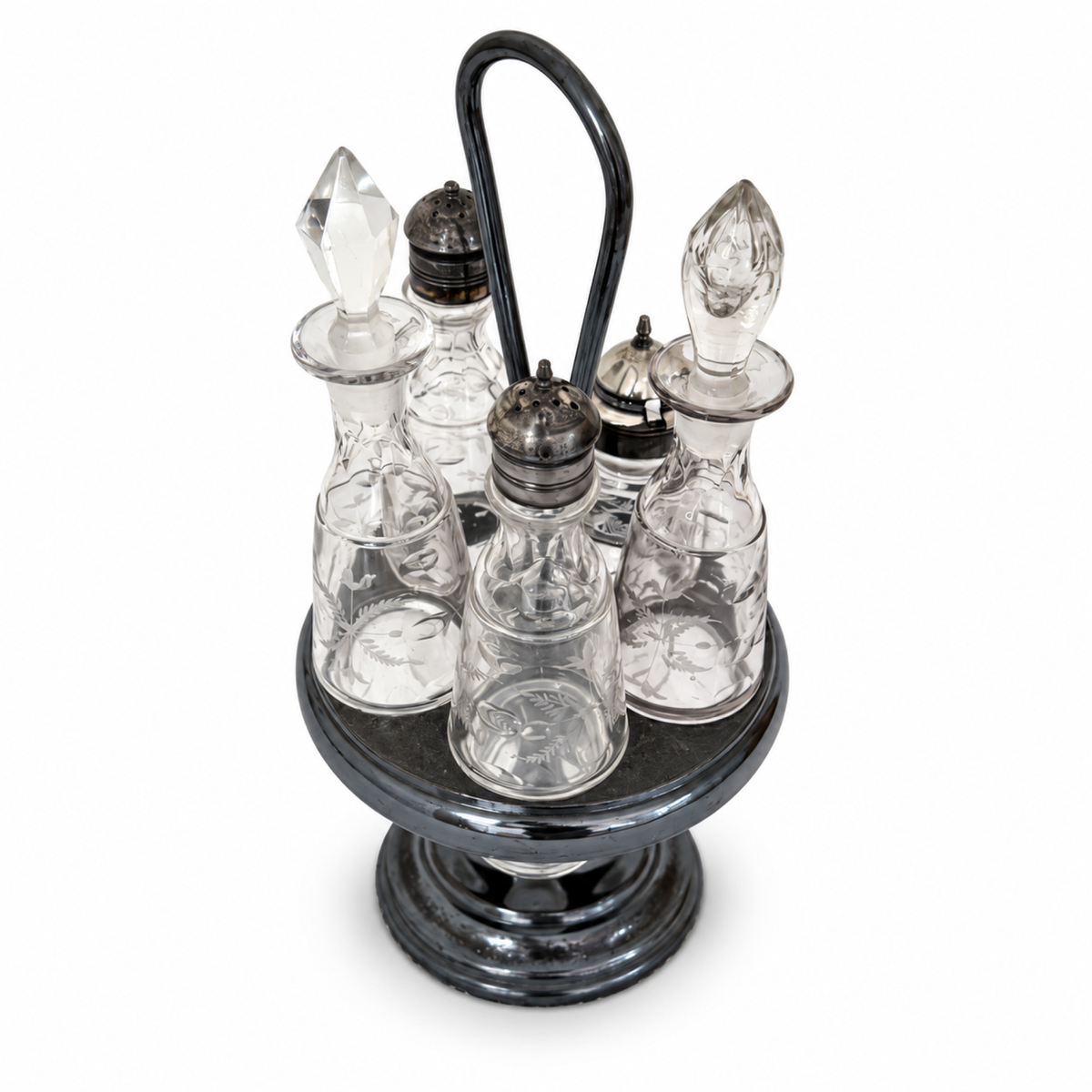 Victorian Five-Piece Cut Crystal Cruet Set with Silver-Plated Stand