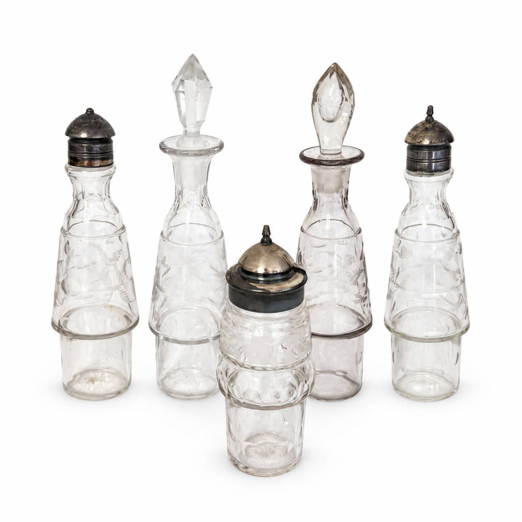 Victorian Five-Piece Cut Crystal Cruet Set with Silver-Plated Stand