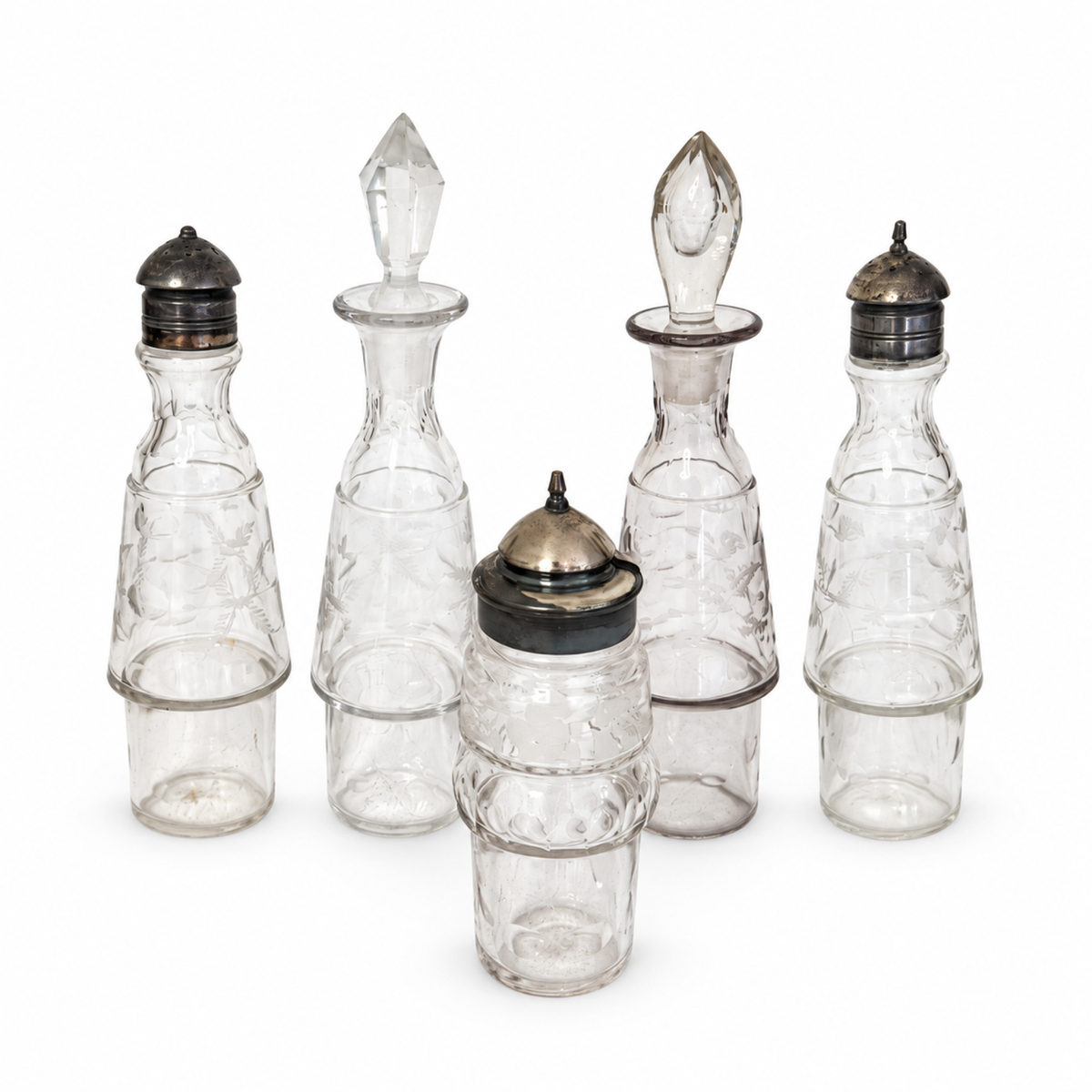 Victorian Five-Piece Cut Crystal Cruet Set with Silver-Plated Stand