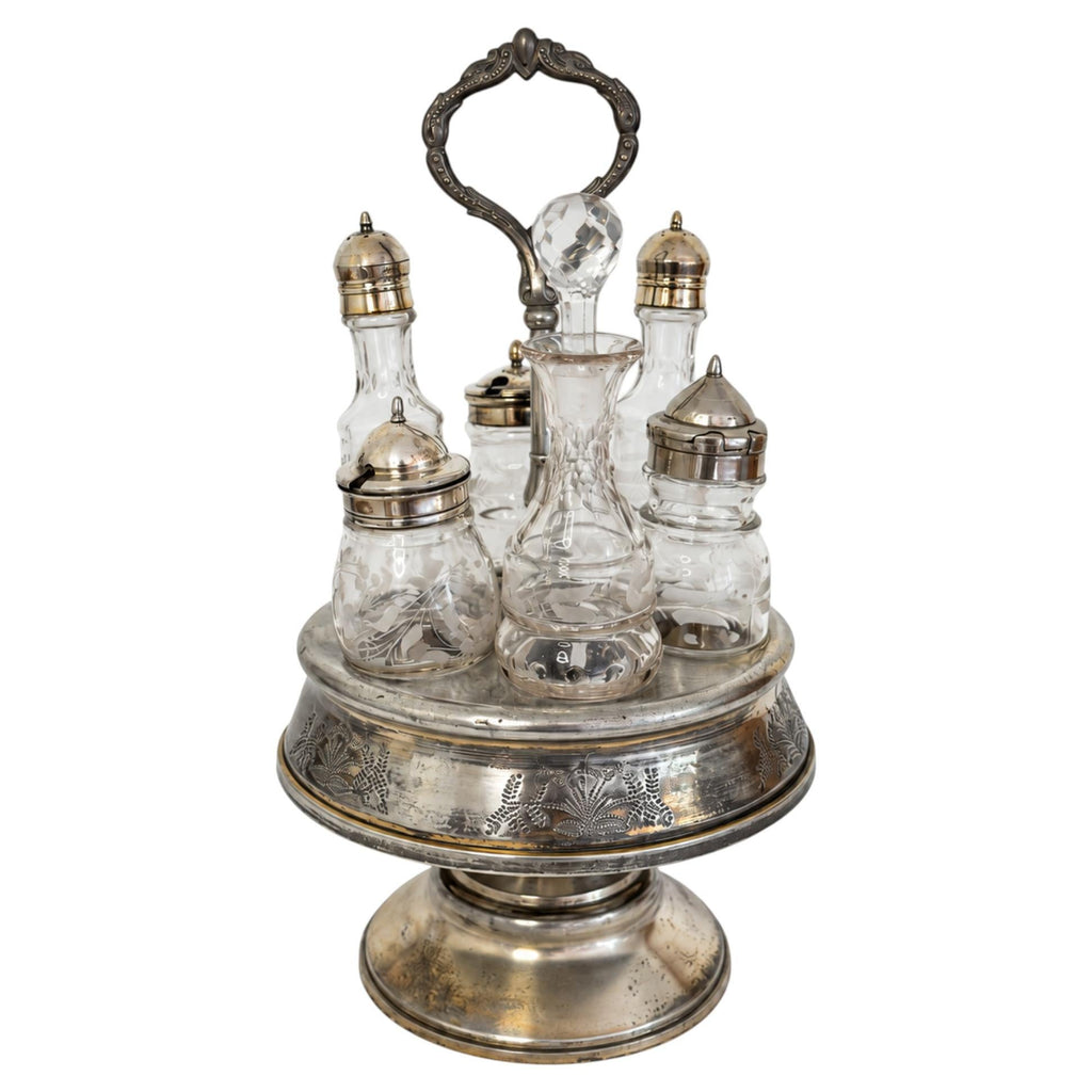 Antique Victorian Cruet Set, Silver-Plated, Etched Glass, Circa 1895