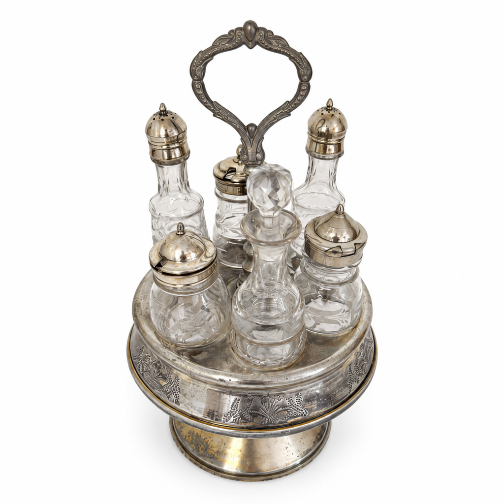 Antique Victorian Cruet Set, Silver-Plated, Etched Glass, Circa 1895