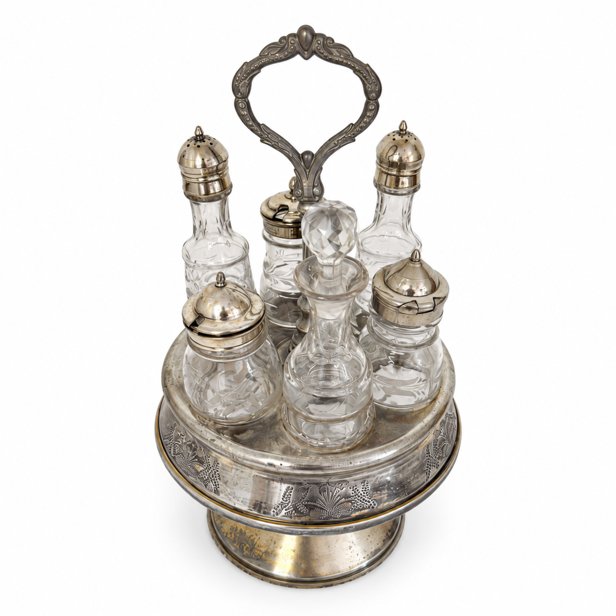 Antique Victorian Cruet Set, Silver-Plated, Etched Glass, Circa 1895