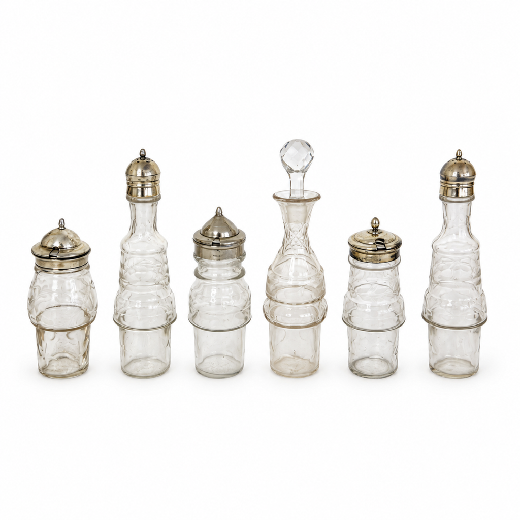 Antique Victorian Cruet Set, Silver-Plated, Etched Glass, Circa 1895