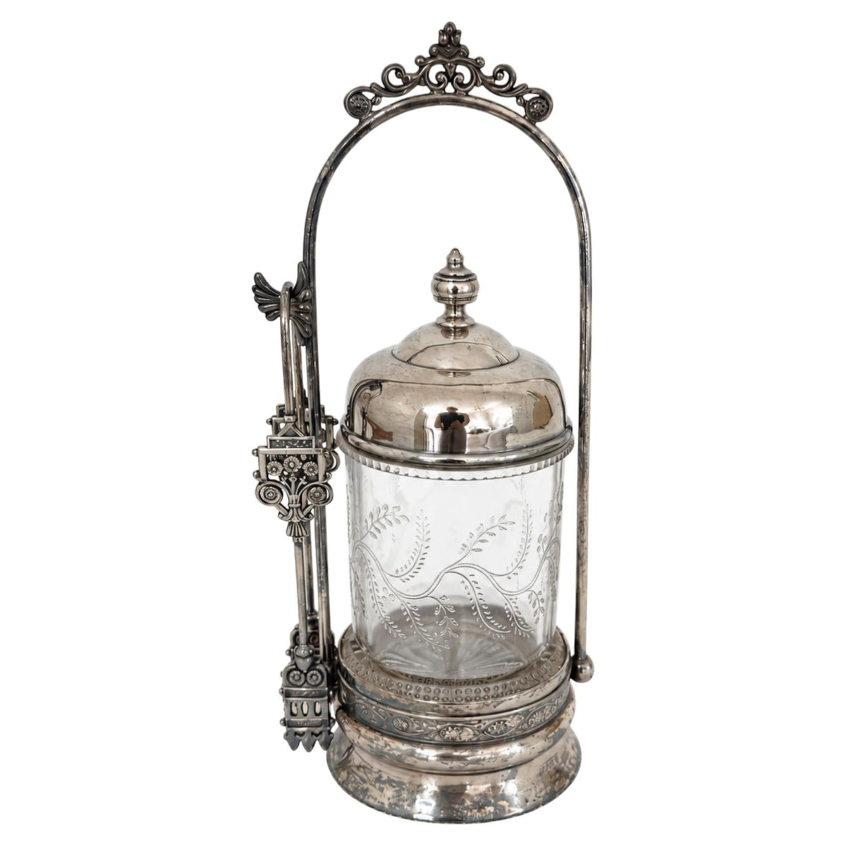 Victorian Pickle Castor, Silver-Plated Metal & Glass, 1890, Tongs
