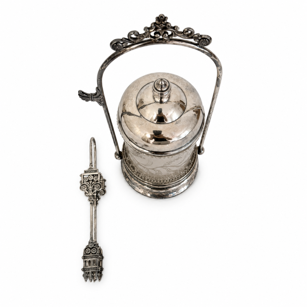 Victorian Pickle Castor, Silver-Plated Metal & Glass, 1890, Tongs