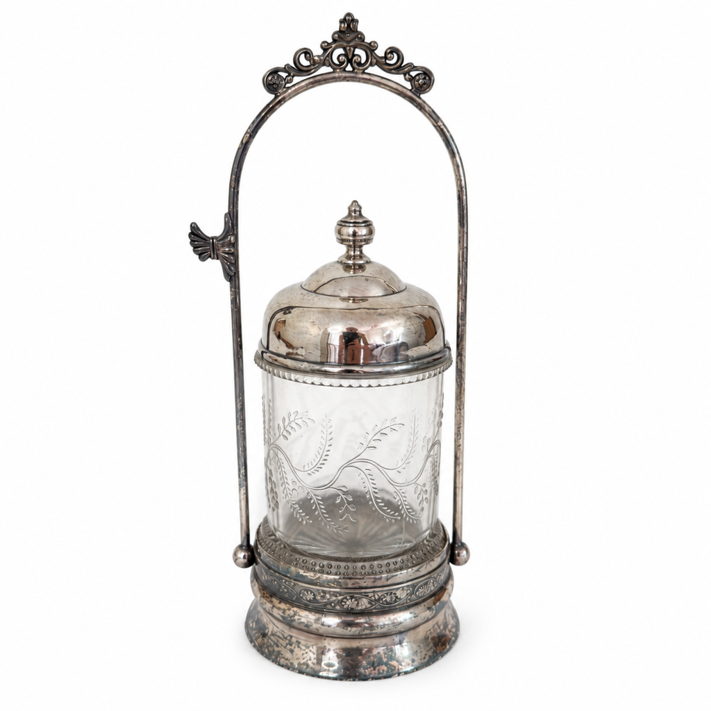 Victorian Pickle Castor, Silver-Plated Metal & Glass, 1890, Tongs