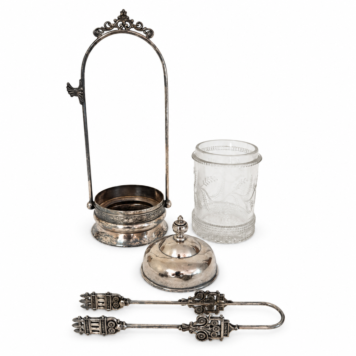 Victorian Pickle Castor, Silver-Plated Metal & Glass, 1890, Tongs