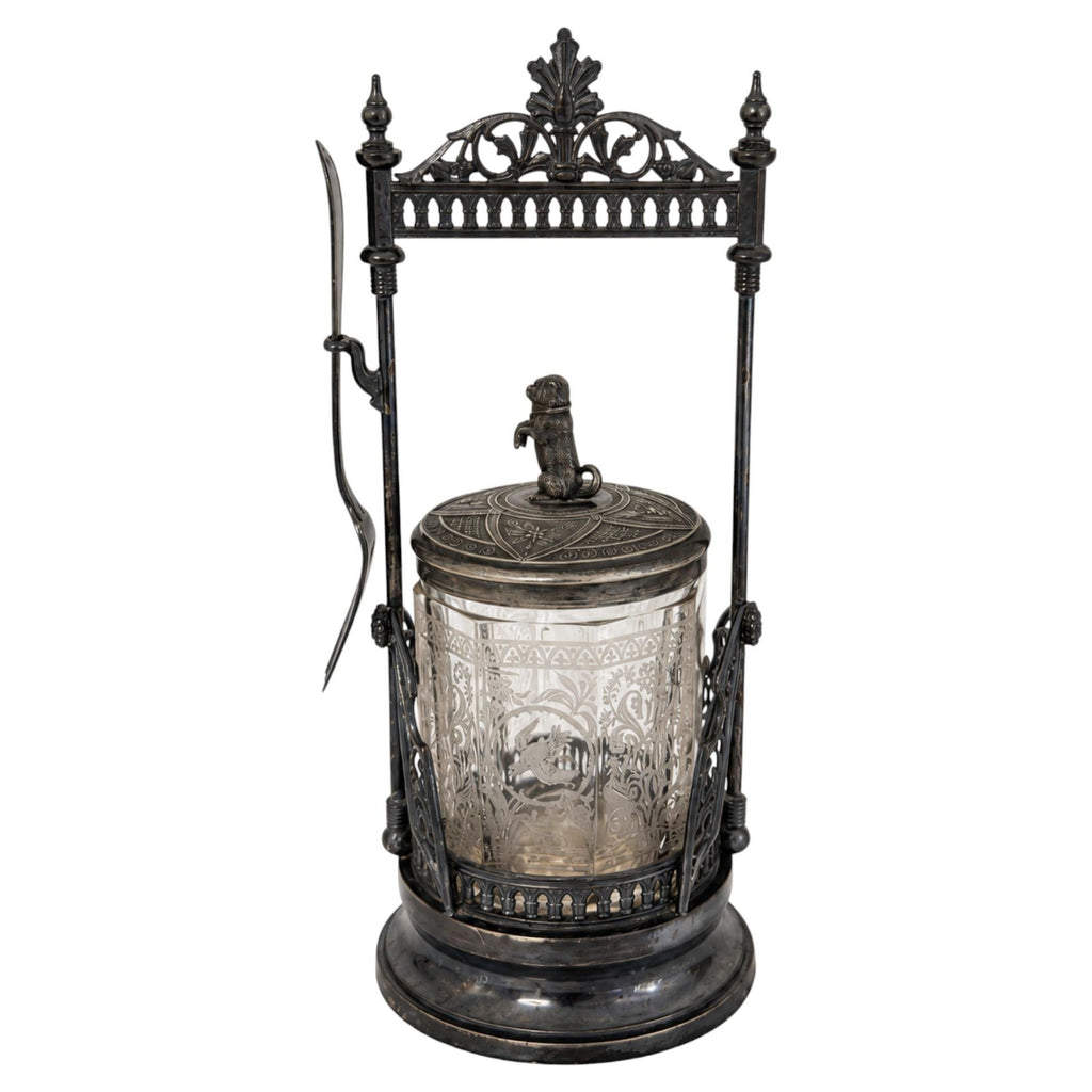 Antique Victorian Pickle Castor, Etched Glass with Dog Finial, 1890