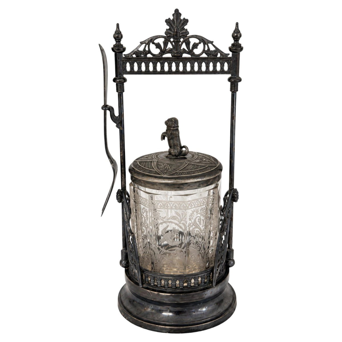 Antique Victorian Pickle Castor, Etched Glass with Dog Finial, 1890