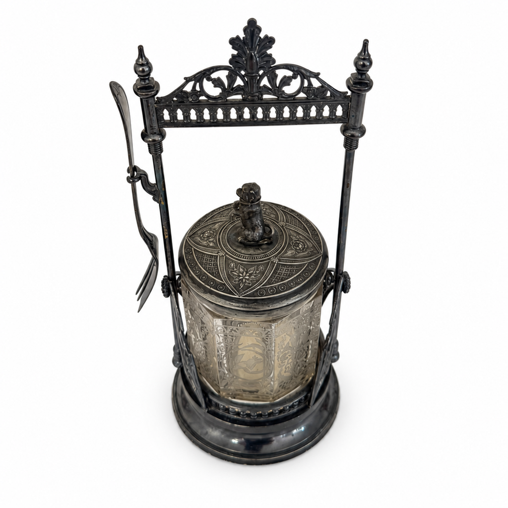 Antique Victorian Pickle Castor, Etched Glass with Dog Finial, 1890