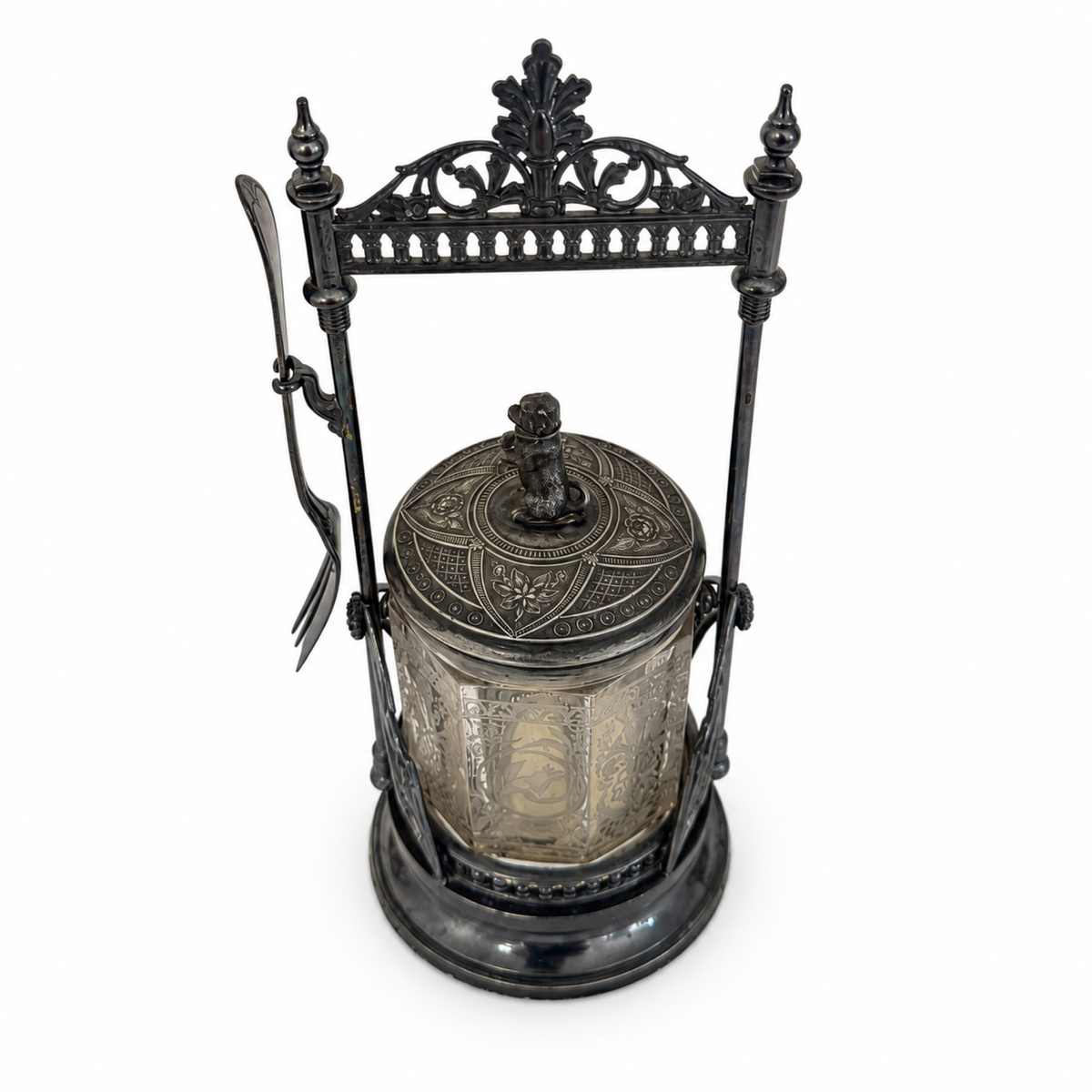 Antique Victorian Pickle Castor, Etched Glass with Dog Finial, 1890