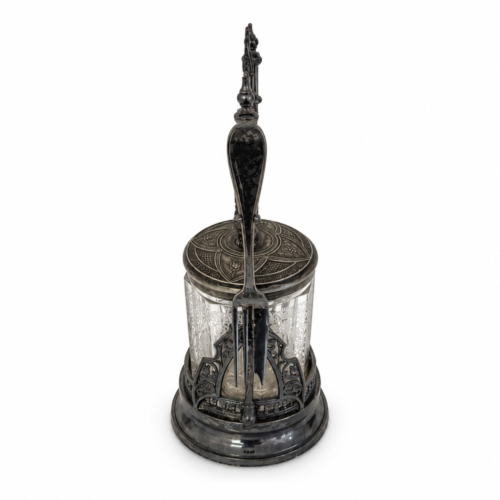 Antique Victorian Pickle Castor, Etched Glass with Dog Finial, 1890
