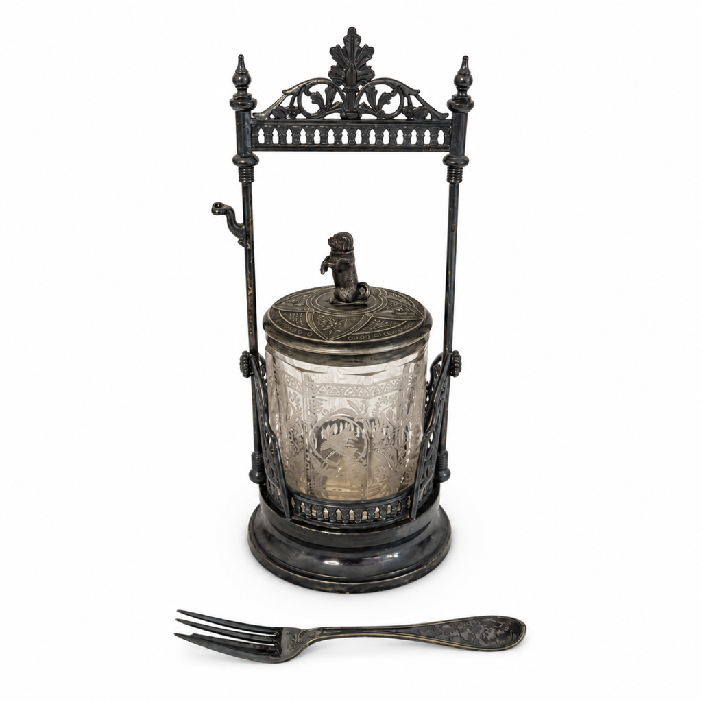 Antique Victorian Pickle Castor, Etched Glass with Dog Finial, 1890