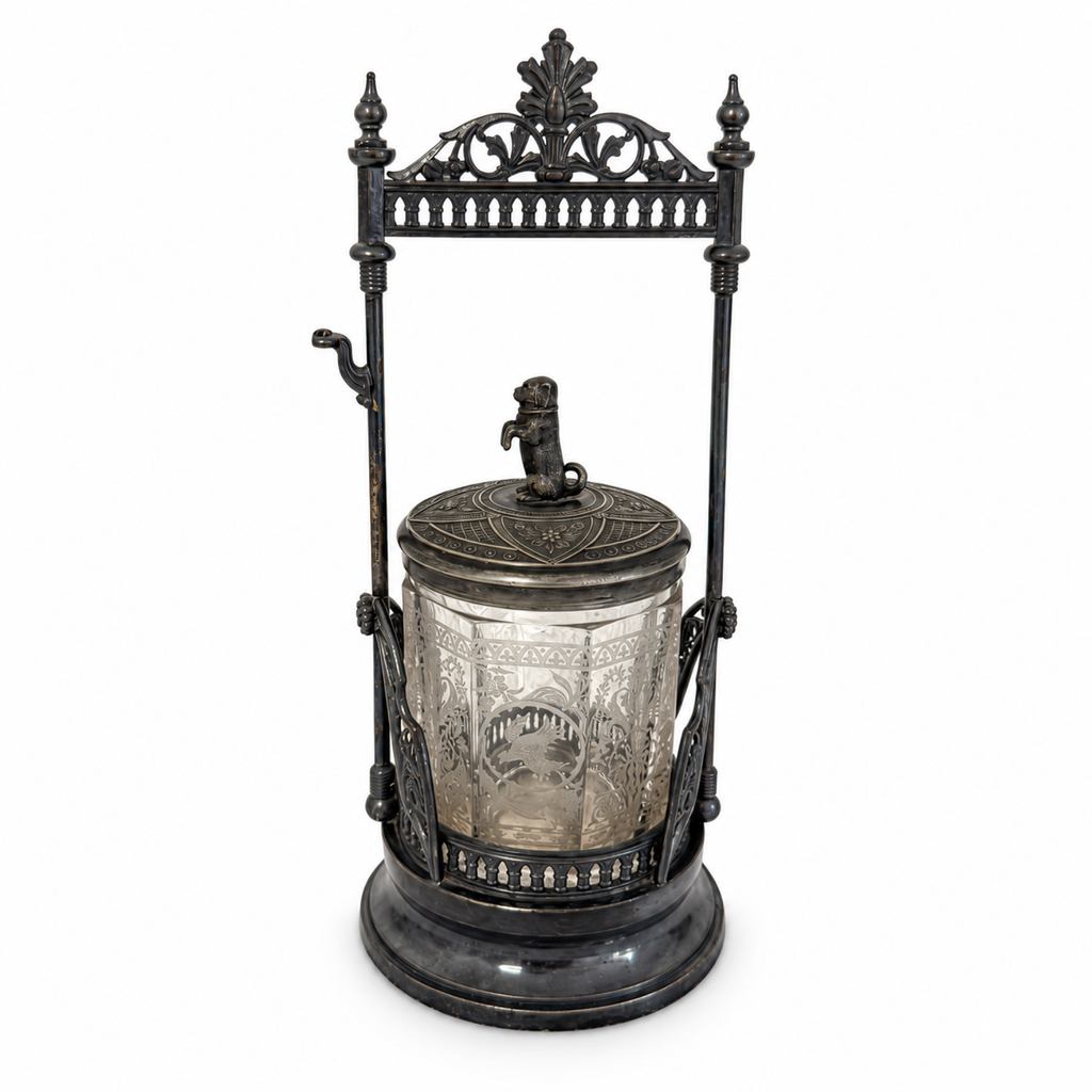 Antique Victorian Pickle Castor, Etched Glass with Dog Finial, 1890