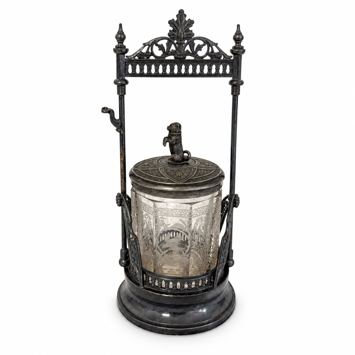 Antique Victorian Pickle Castor, Etched Glass with Dog Finial, 1890