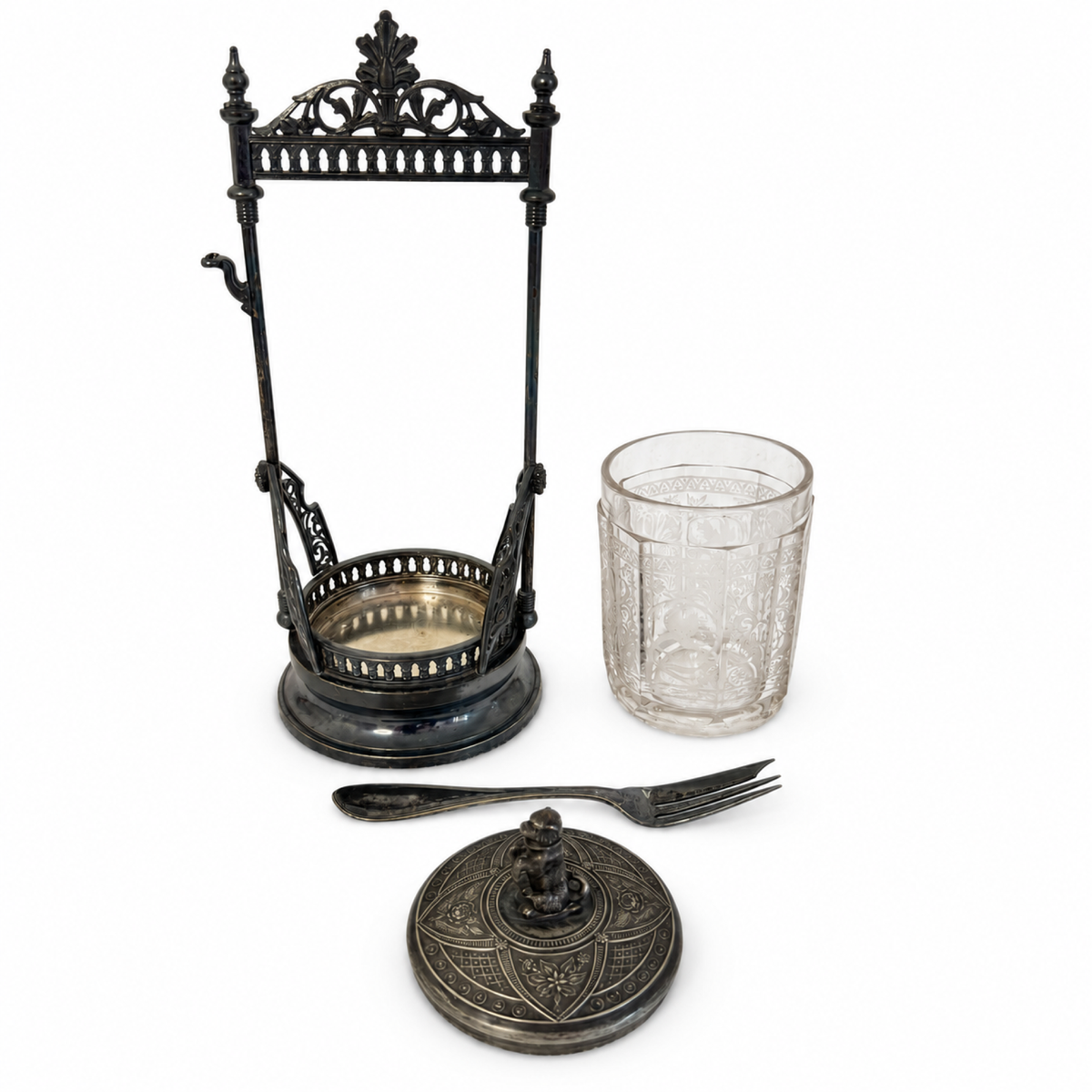 Antique Victorian Pickle Castor, Etched Glass with Dog Finial, 1890
