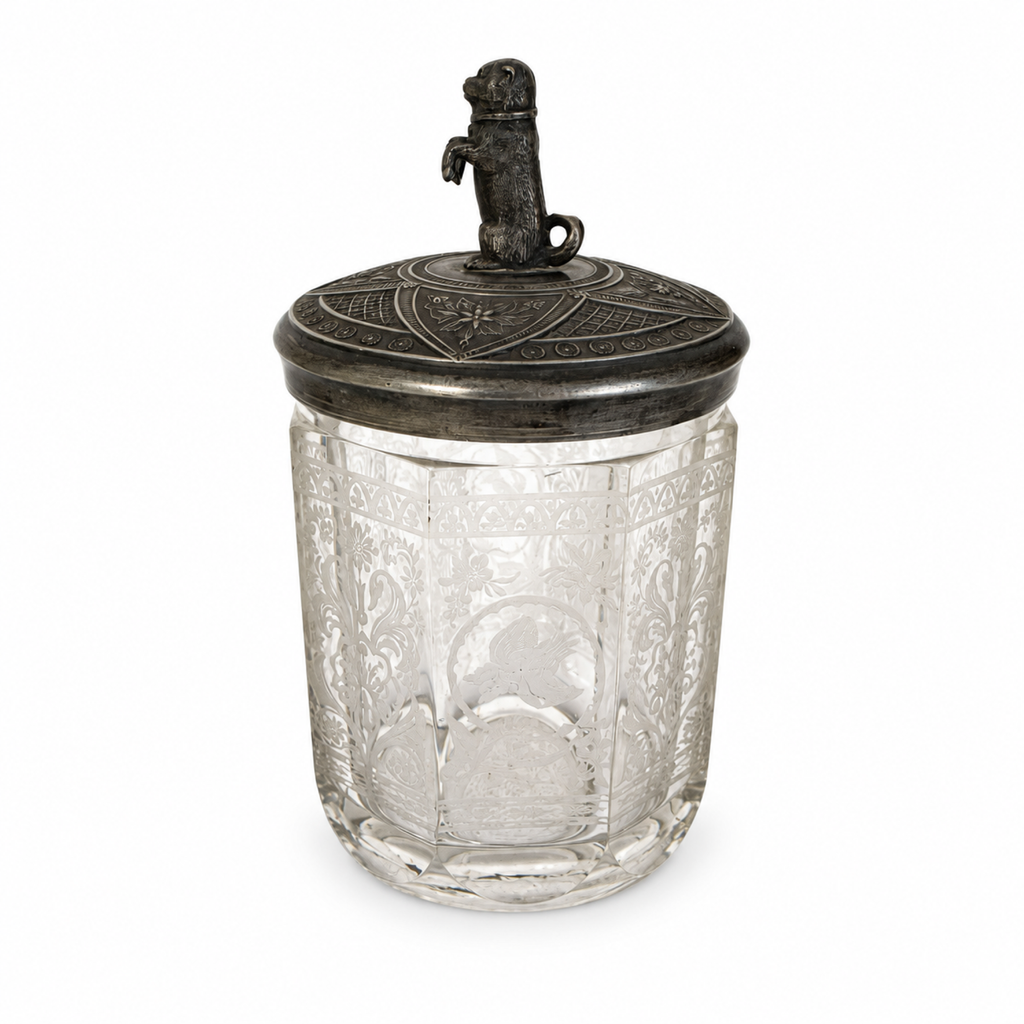 Antique Victorian Pickle Castor, Etched Glass with Dog Finial, 1890