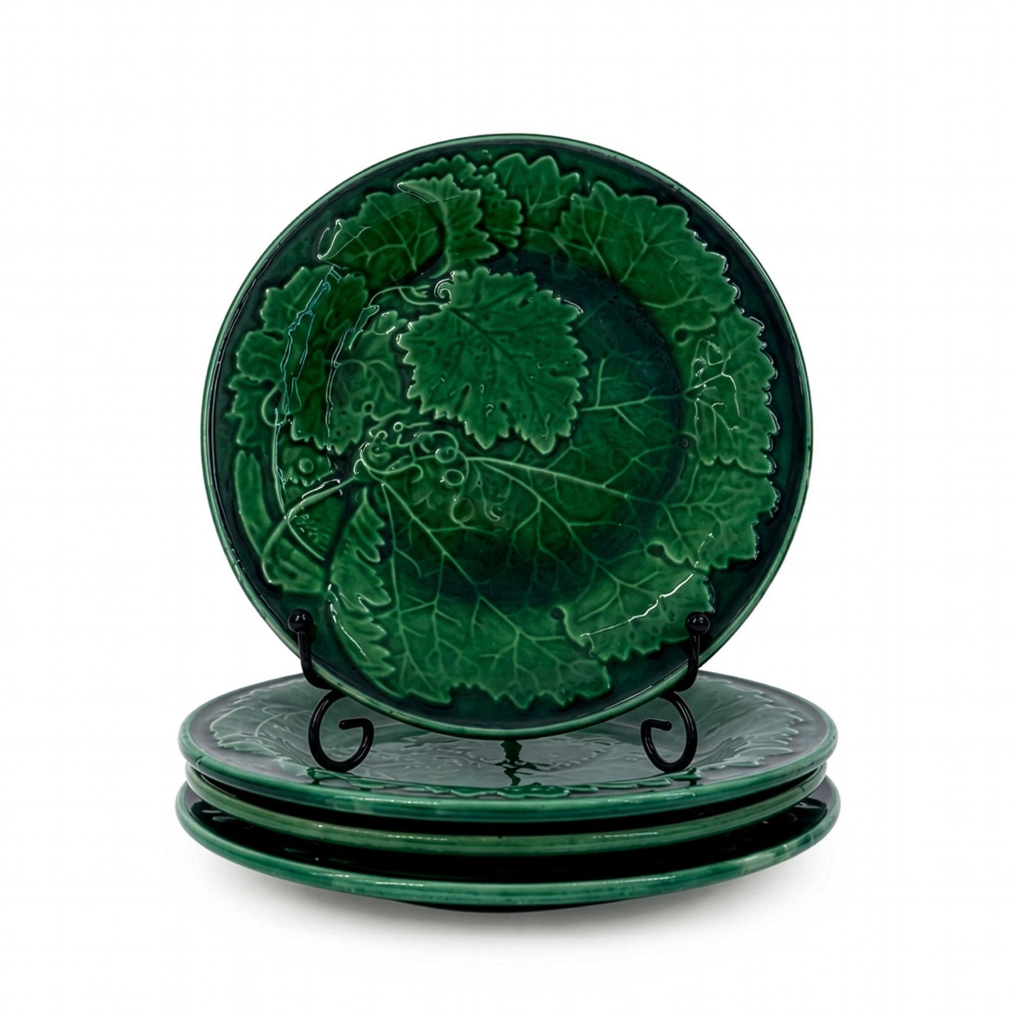 Set of Four Antique Majolica Salad Plates, Grape Vine Relief — image 2