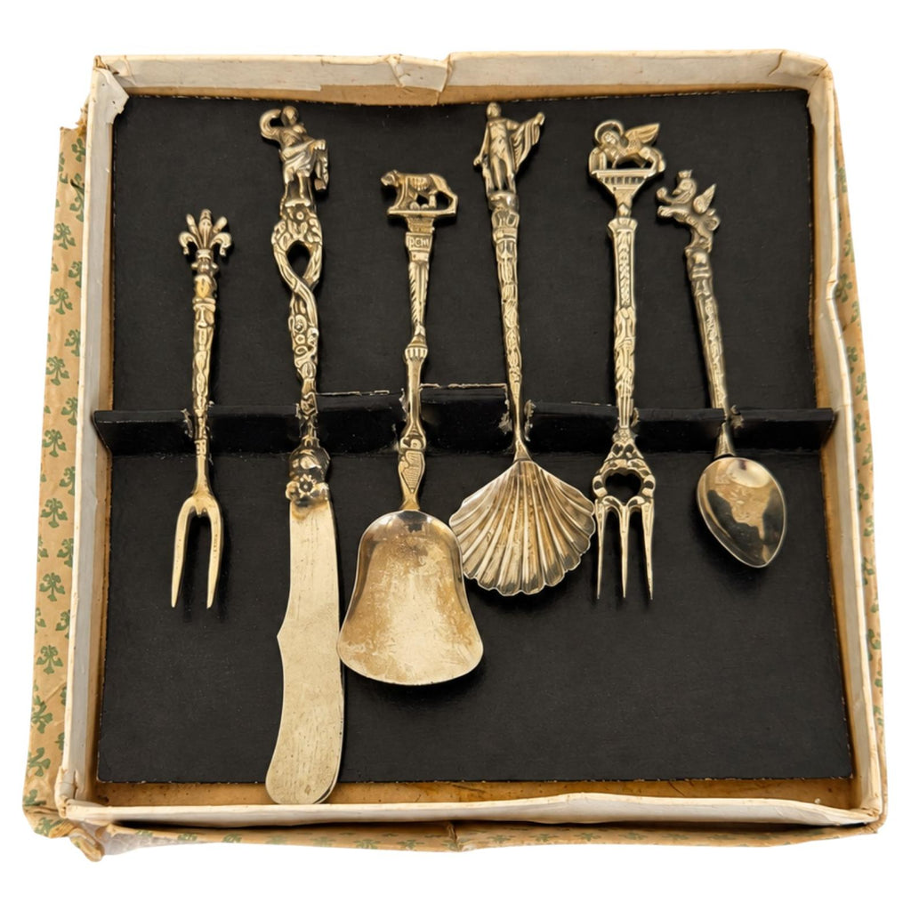 Vintage Florentine Six-Piece Serving Set with Figural Handles, Italy