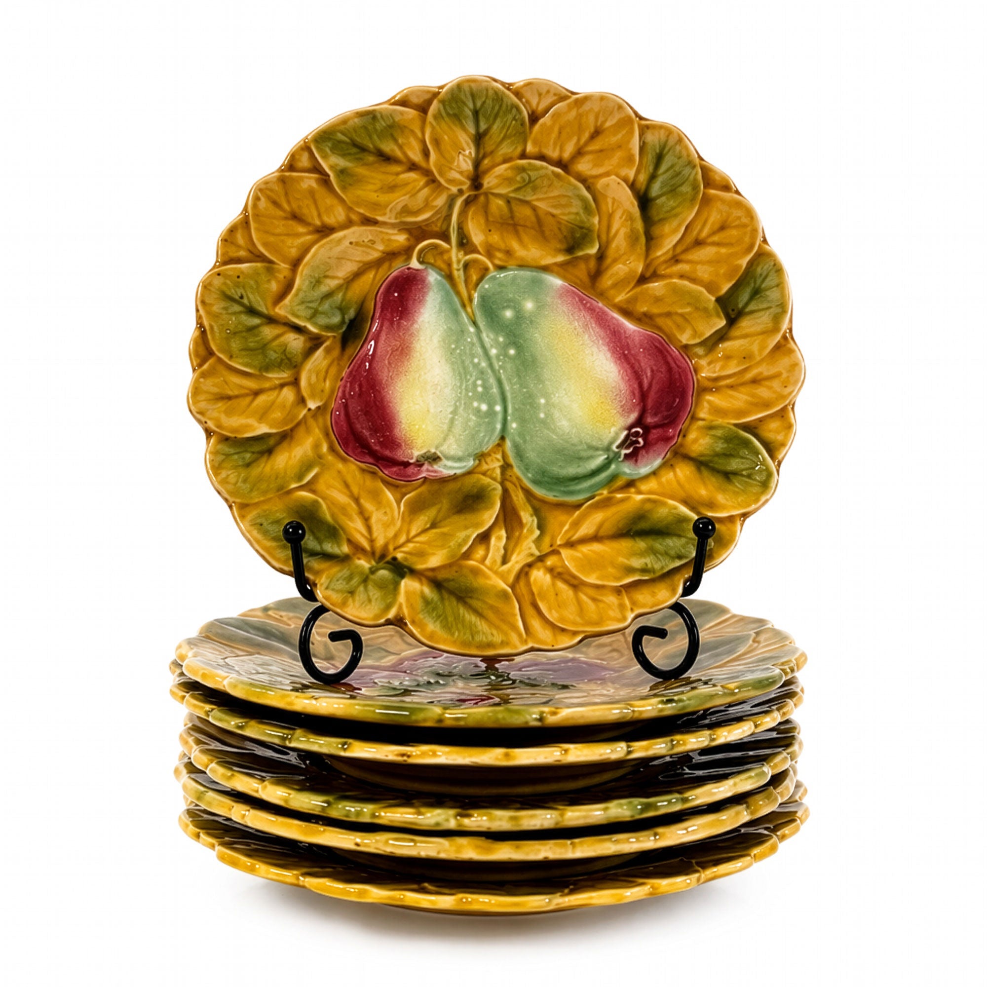 Antique Set of Six French Sarreguemines Majolica Fruit Plates, Circa 1890–1910