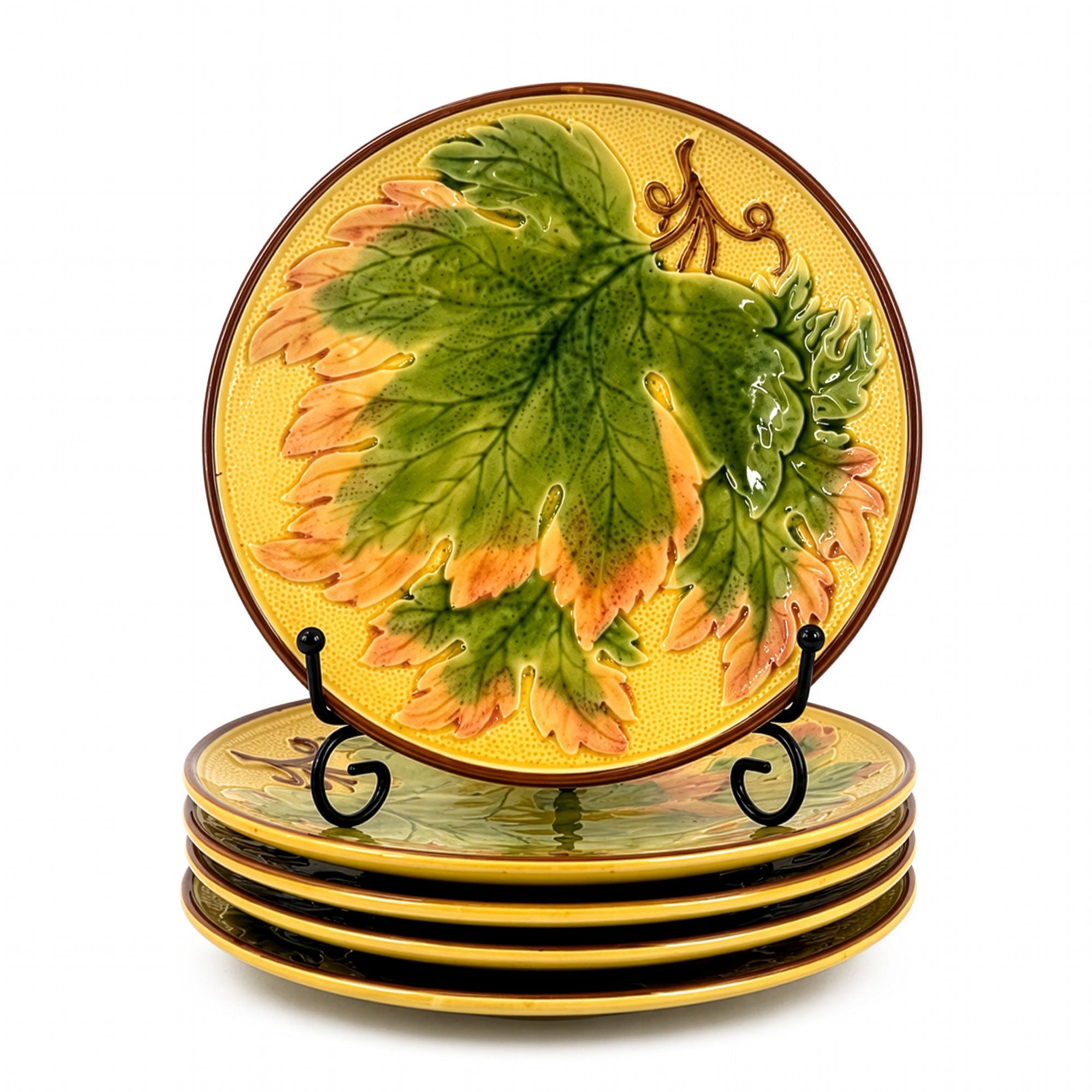 Antique German Majolica Grape Leaf Dessert Service, Circa 1900