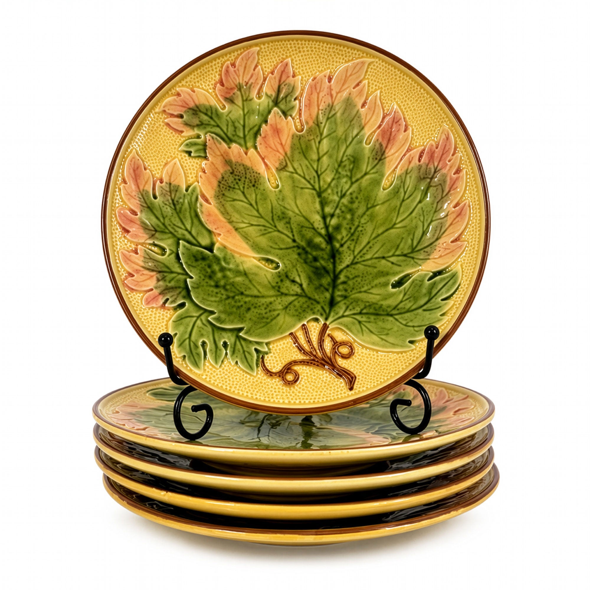 Antique German Majolica Grape Leaf Dessert Service, Circa 1900