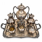 Antique Silver-Plated Copper Tea and Coffee Set, Eight-Piece, 1920