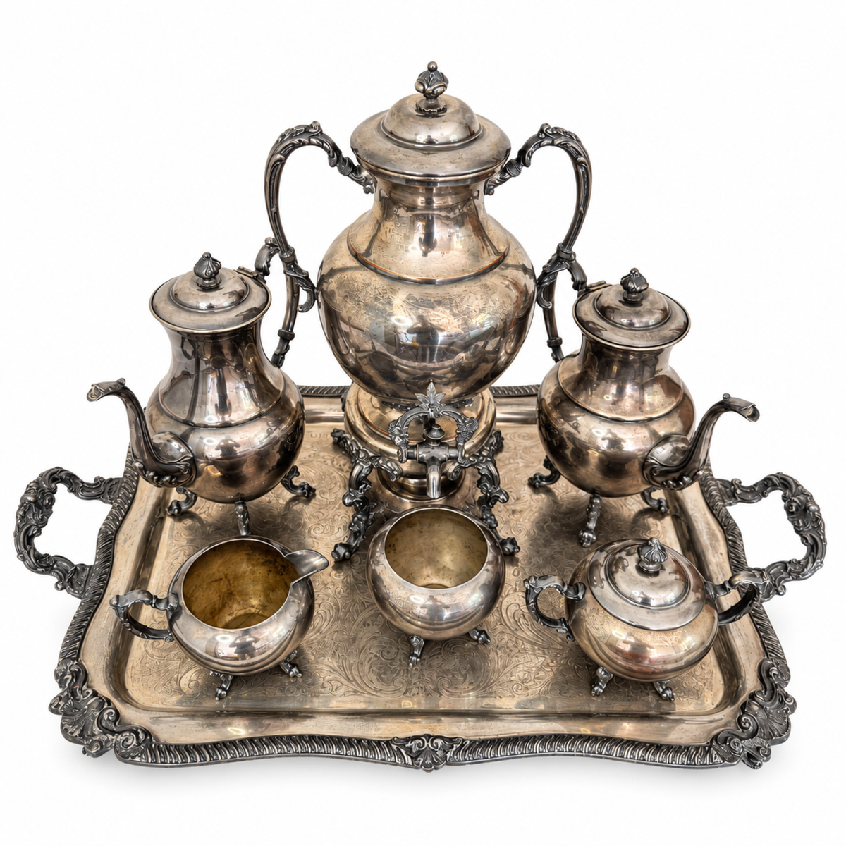 Antique Silver-Plated Copper Tea and Coffee Set, Eight-Piece, 1920