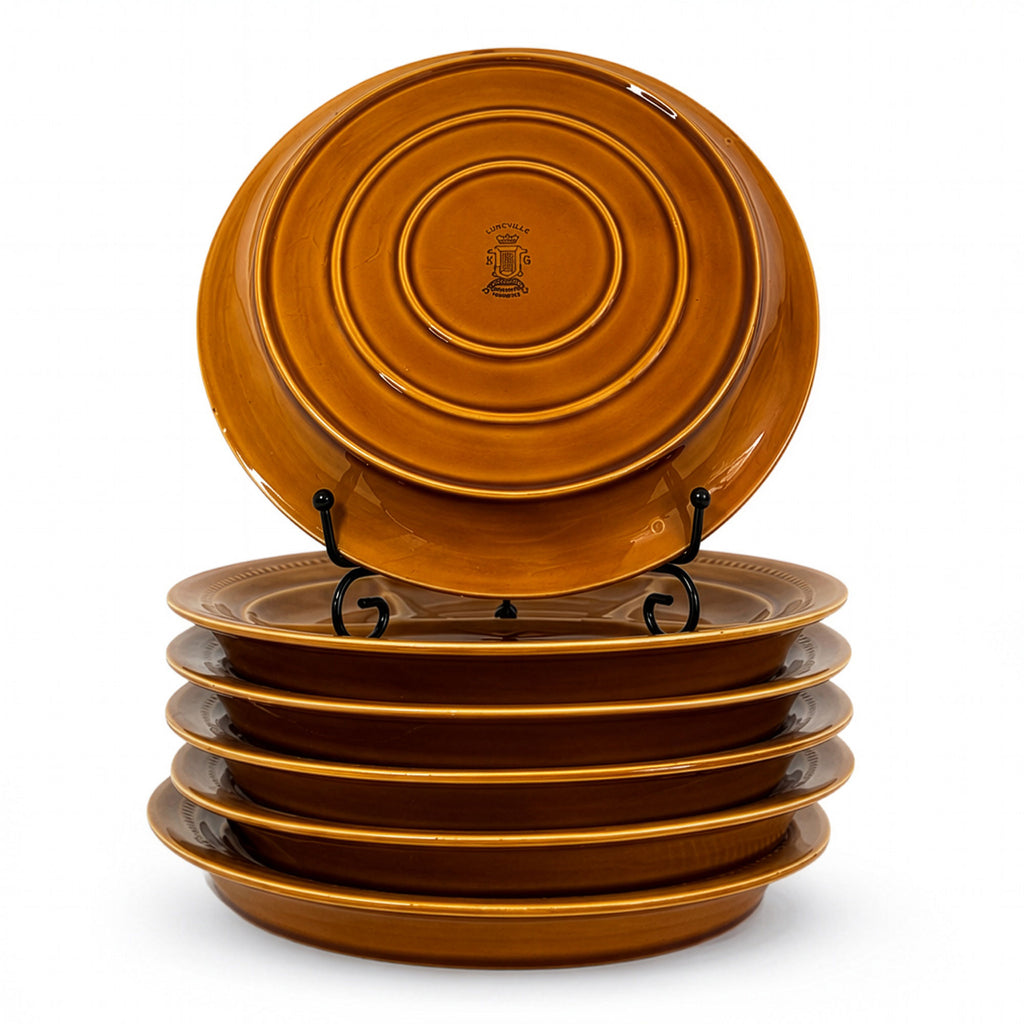 Set of Six French Lunéville Amber Glazed Fondue Plates, Mid-20th Century