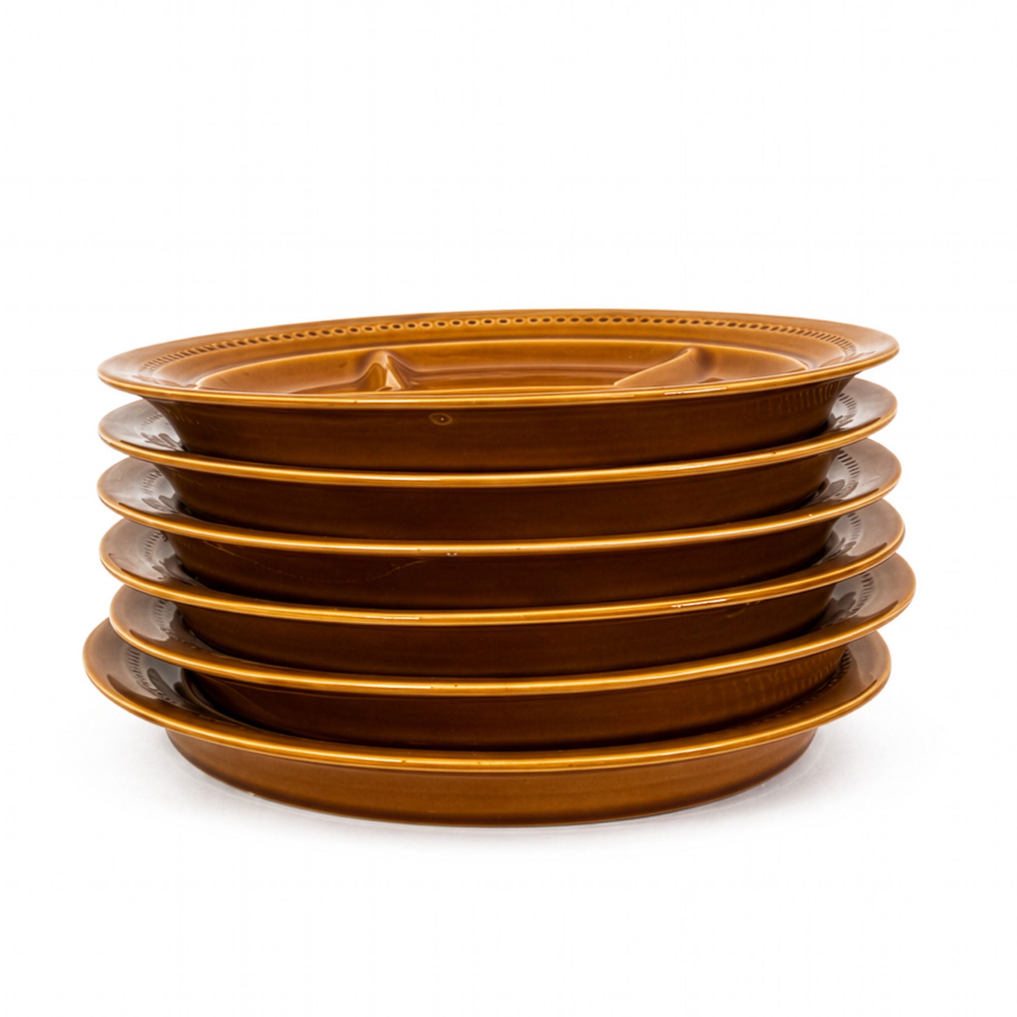 Set of Six French Lunéville Amber Glazed Fondue Plates, Mid-20th Century
