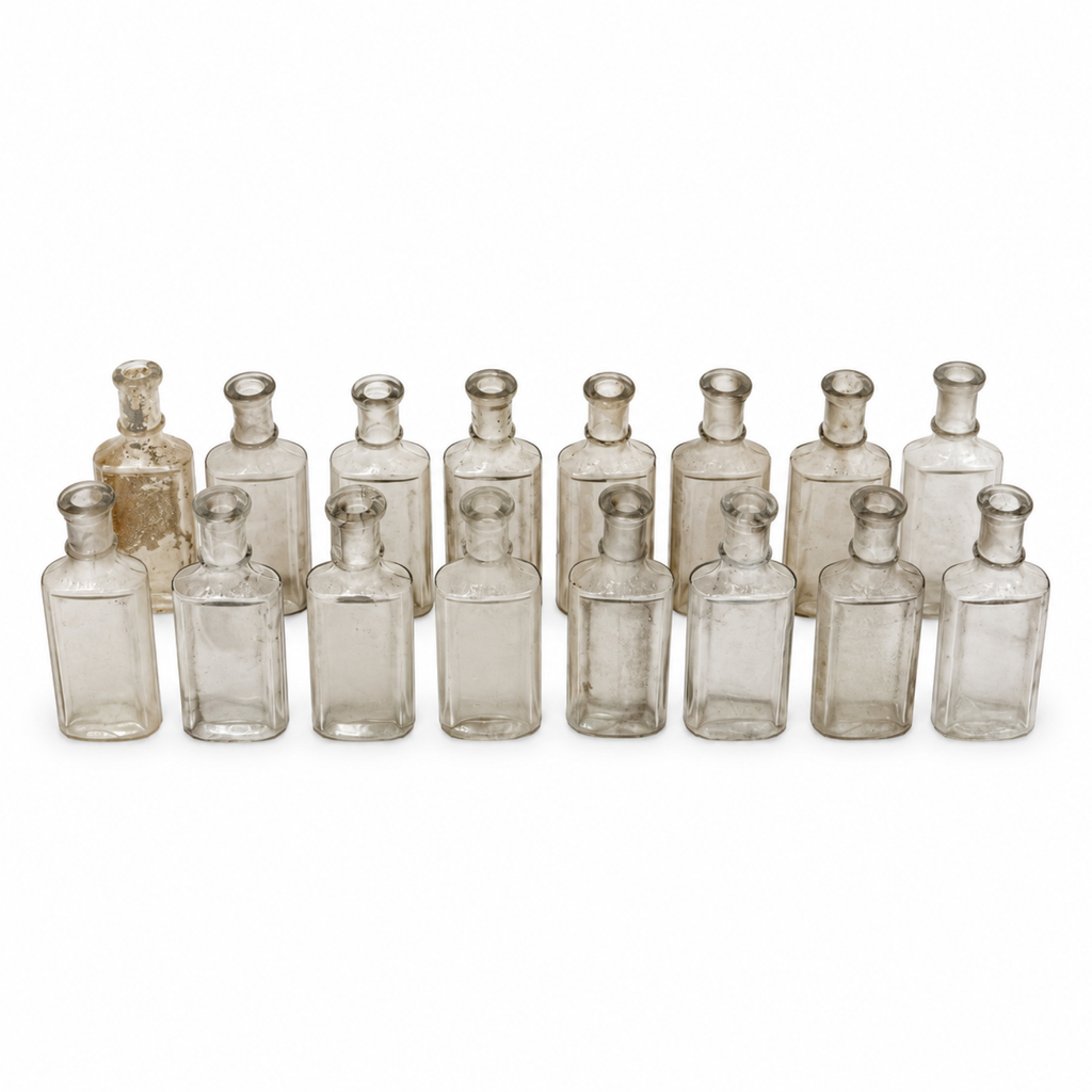 Collection of 24 Early 20th-Century Clear Glass Apothecary and Laboratory Bottles