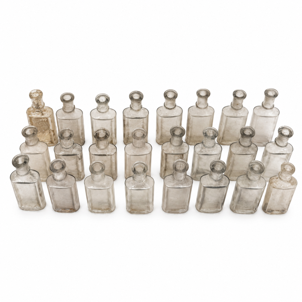 Collection of 24 Early 20th-Century Clear Glass Apothecary and Laboratory Bottles