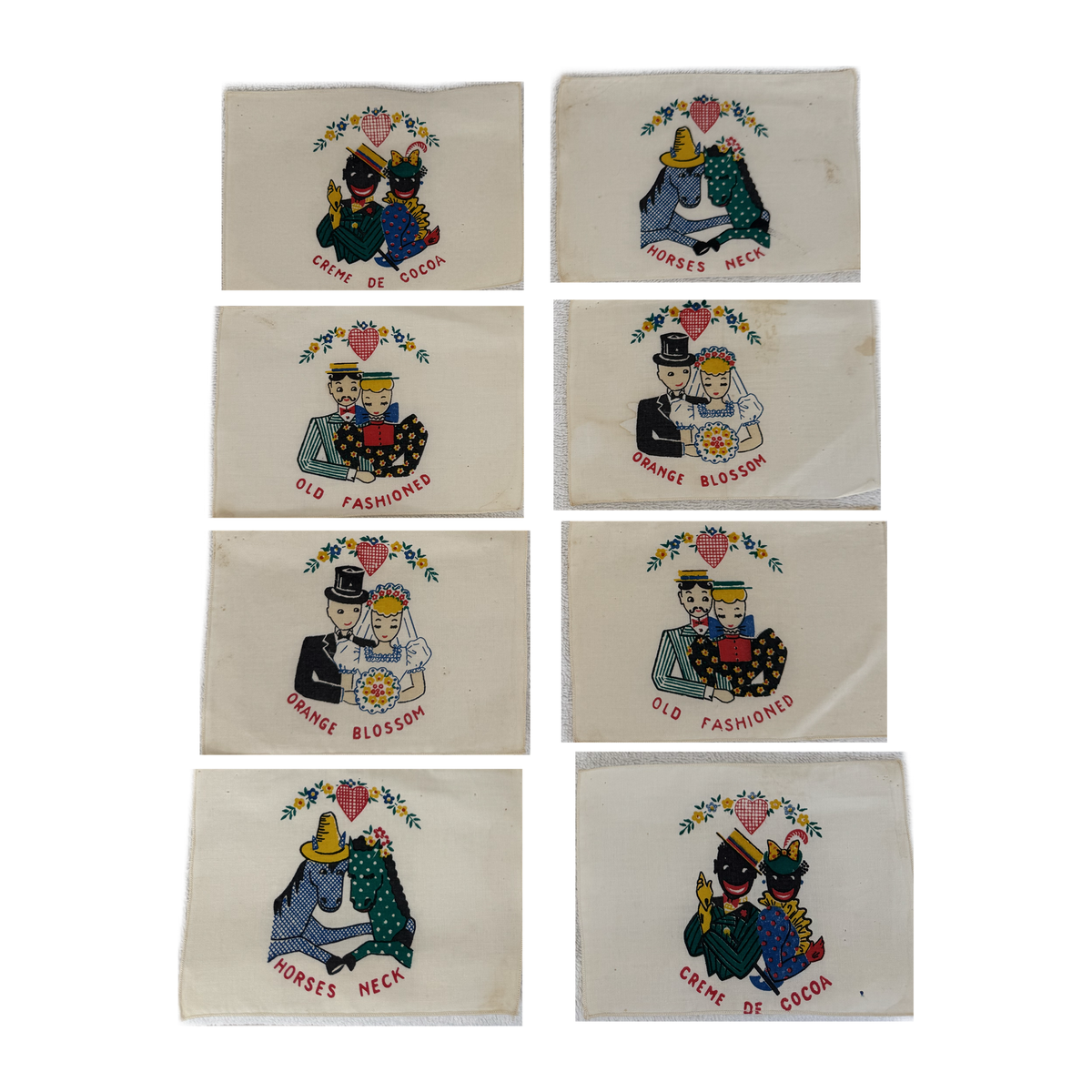 1940 Novelty Cocktail Napkins with Couples, Set of Eight