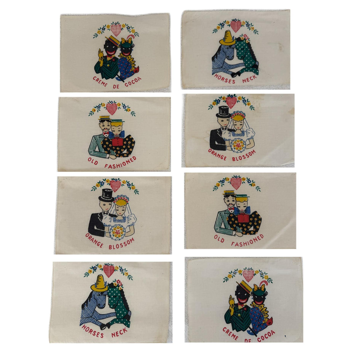 1940 Novelty Cocktail Napkins with Couples, Set of Eight
