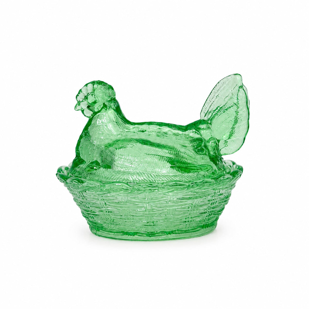 Green Pressed Glass Hen-on-Nest Candy Dish, Vintage Style Decor, USA — image 2