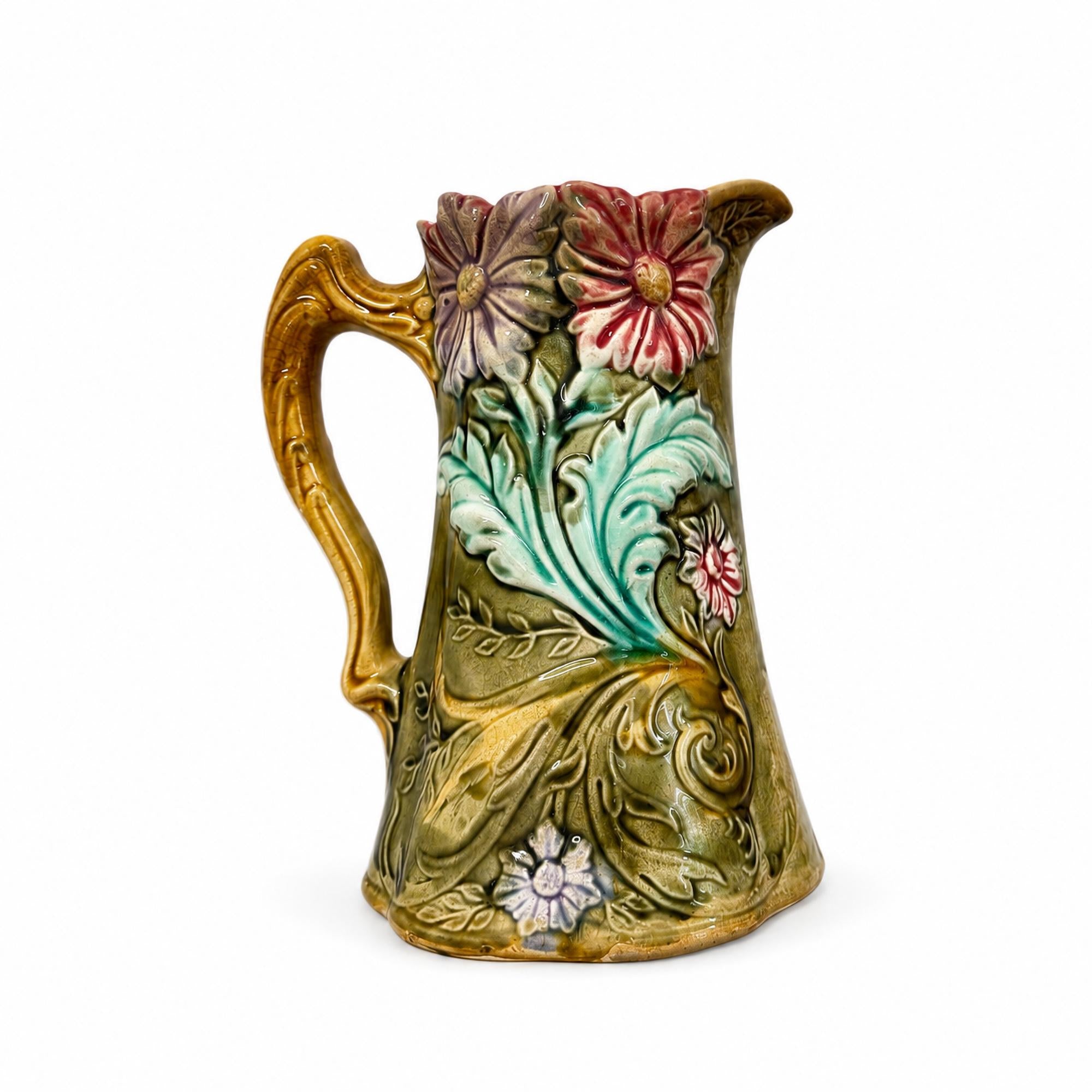 Art Nouveau Majolica Pitcher by Onnaing, Floral Design, France, 1900 — image 2