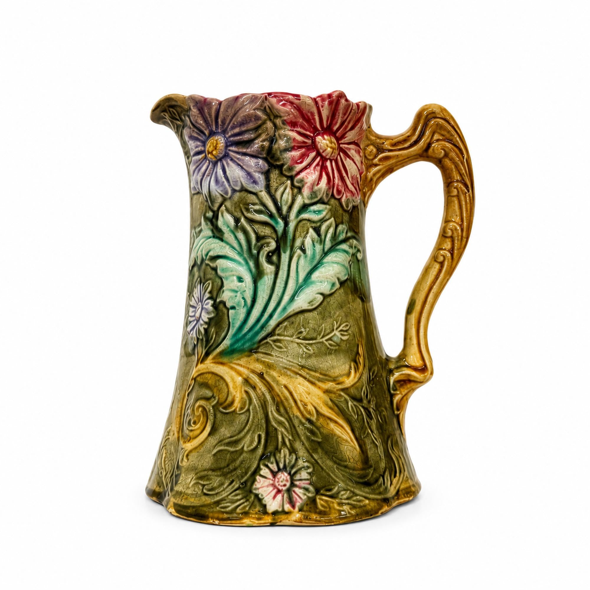 Art Nouveau Majolica Pitcher by Onnaing, Floral Design, France, 1900 — image 4