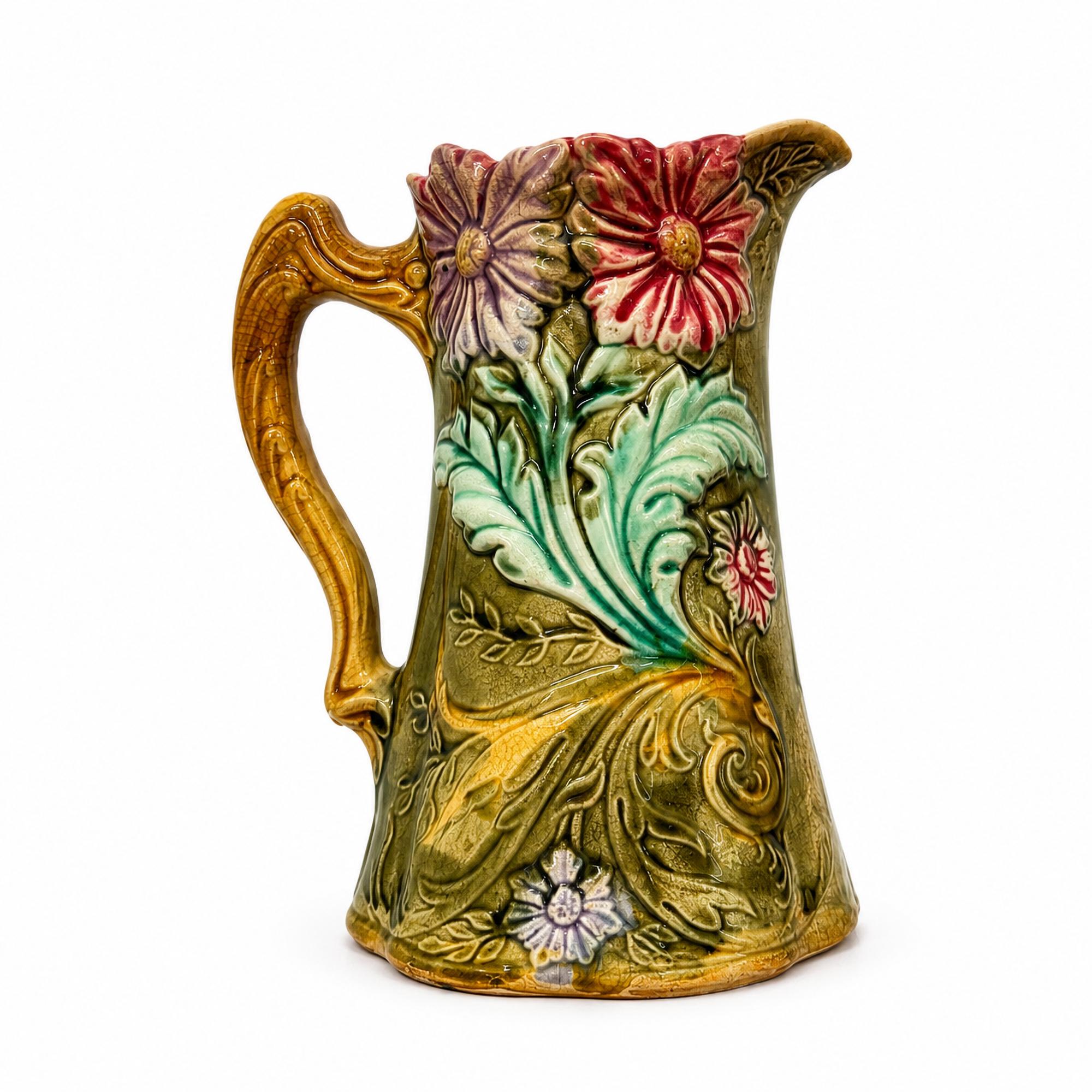 Art Nouveau Majolica Pitcher by Onnaing, Floral Design, France, 1900 — image 6