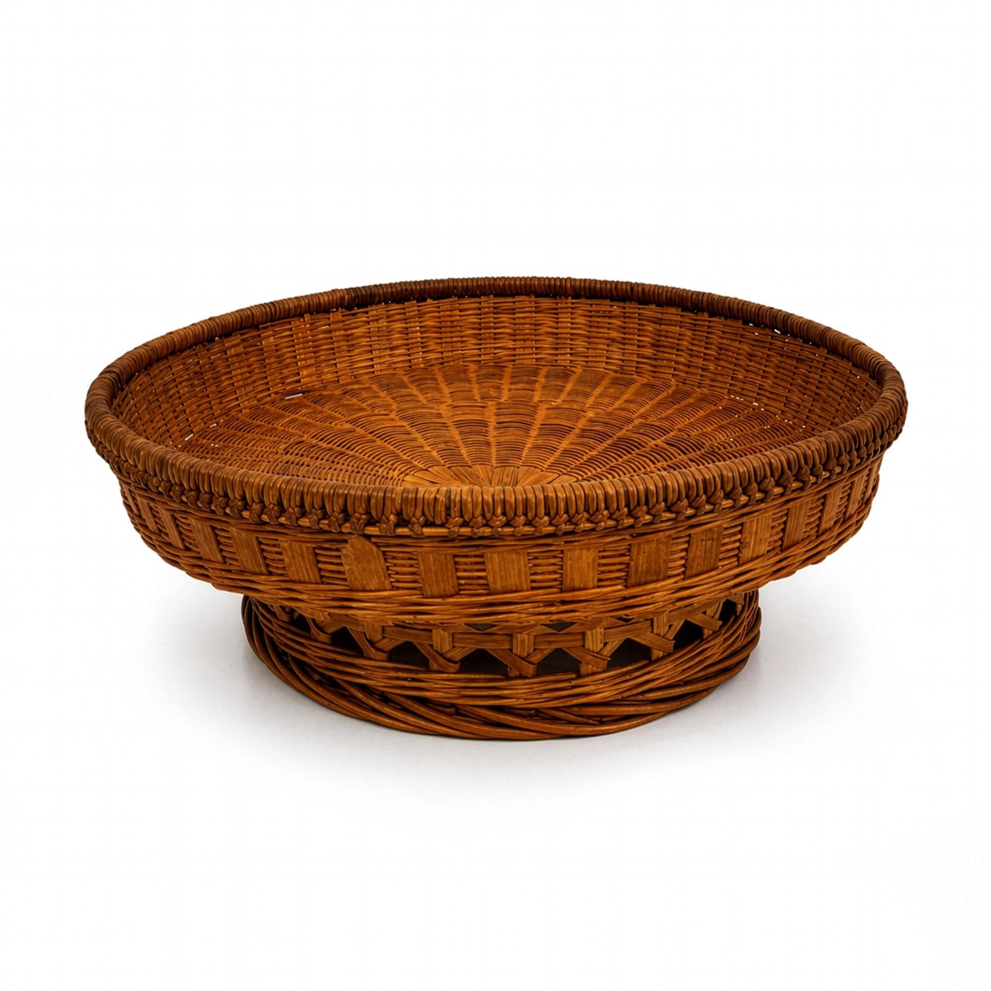 Vintage Wicker Pedestal Basket, Openwork Gallery, Honey-Brown, 1960 — image 2