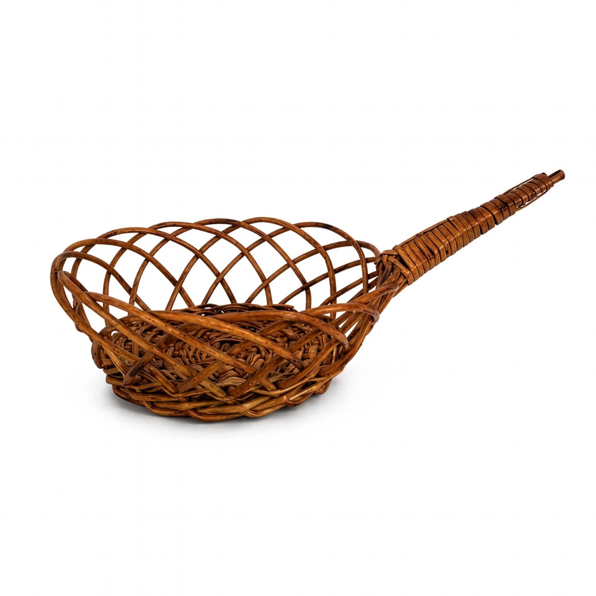 Vintage Handwoven Wicker Gathering Basket with Long Handle, circa 1960 — image 2